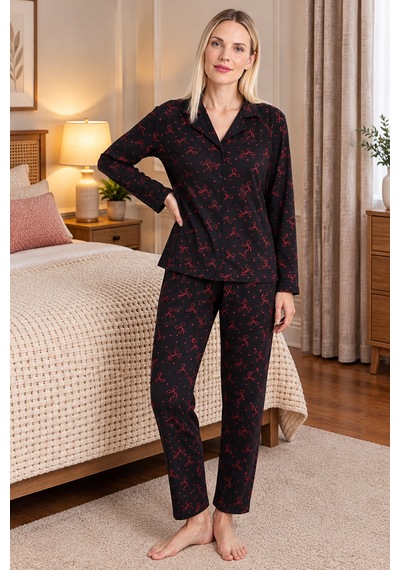 Wordex Mirano 9807 Şardonlu Soft Kışlık Düğmeli Kadın Pijama Takımı Siyah