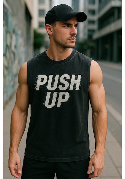 Technomonkey Siyah Erkek Pamuklu Antrenman Sporcu Atleti Oversize Yıkamalı Push Up Baskılı Kolsuz T-shirt