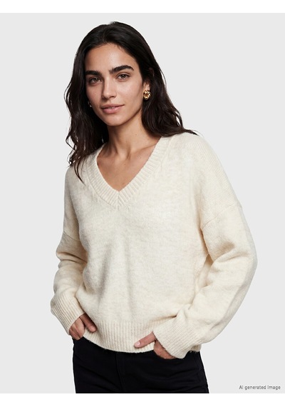 Lcw Vision Ekru V Yaka Oversize Kadın Triko Kazak