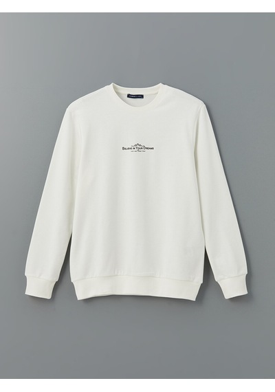 Lcwaıkıkı Classic Beyaz Bisiklet Yaka Uzun Kollu Baskılı Erkek Sweatshirt