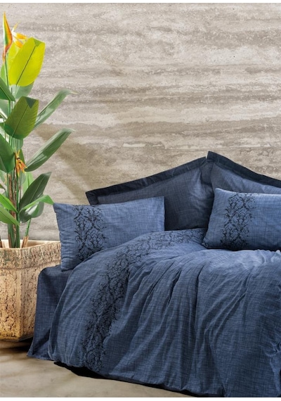 Cotton Box Plain Çift Kişilik Nevresim Takımı Sooty Denim Çiçekli