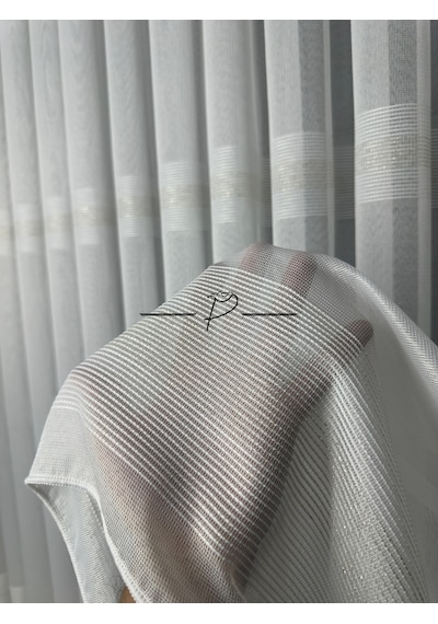 Tül Perde Bantlı Şerit Anotella Desen Lüx Armür 3 Farklı Renk Seçeneği Ekru - Gold