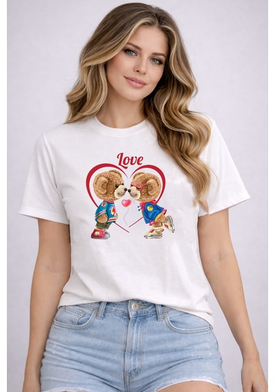 Herkesemoda Love Ayıcık Baskı Detaylı Basic T-shirt Beyaz