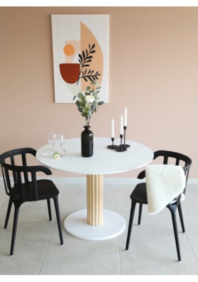 Naturalwood Ahşap Ayaklı Yuvarlak Yemek Masası, Modern Mat Beyaz Mdf Yemek Ma