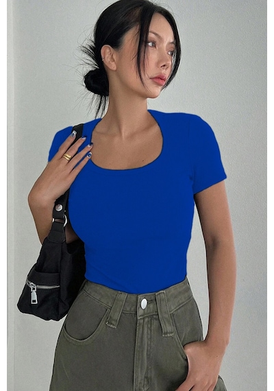 Rooted Kadın Kare Yaka T-shirt & Bluz , Likralı Fitilli Kaşkorse Kumaş Sax