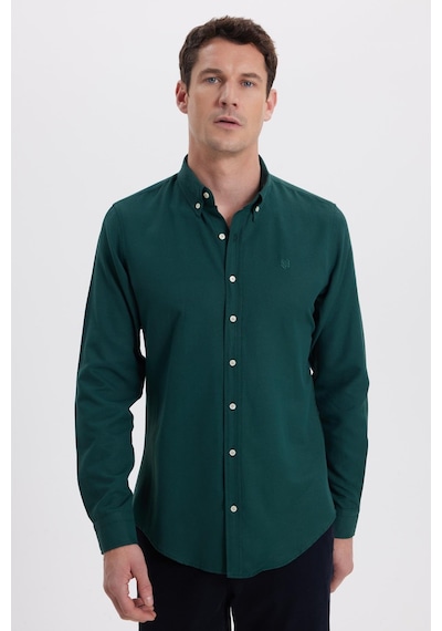 Tudors Erkek Slim Fit Dar Kesim Düz Oxford Armalı Yaka Düğmeli Haki Spor Gömlek-42008 Haki