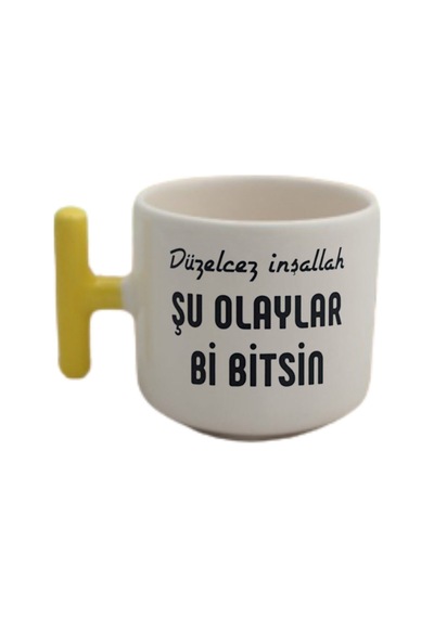 Düzeceğiz Inşallah Tasaımlı Sarı T Kulp Fincan Modelleri Beyaz
