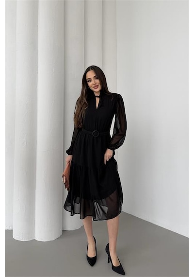 Neşeli Butik Kadın Siyah Beli Kemerli Midi Boy Şifon Elbise Nbelb02 Siyah