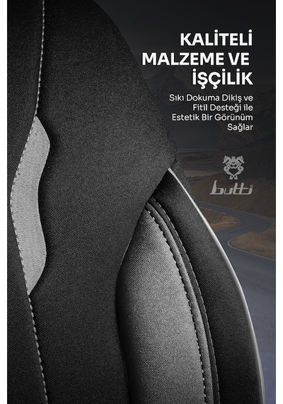 Siyah - Gri Garni Buttı Talos Serisi Premium Oto Koltuk Kılıfı Ortopedik Destekli, Ön Arka Tam Set, Aırbag Uyumlu