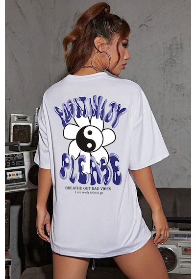 Unisex Positivity Baskılı Tasarım T-shirt Beyaz
