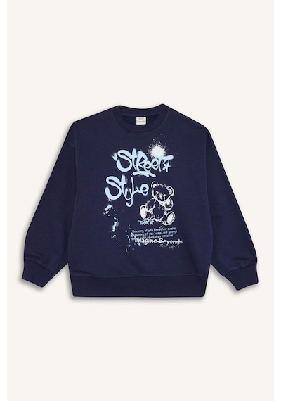 Defacto Kız Çocuk Oversize Geniş Kalıp Bisiklet Yaka Baskılı Sweatshirt E6755a825aunv241 Lacivert