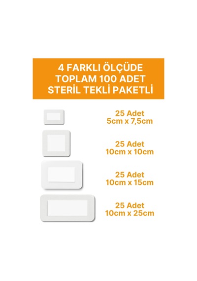Steril Yara Pedi, 4 Kutu Kombo Paket,non-woven Yara Örtüsü, Steril Tekli Paketlerde 100 Adet