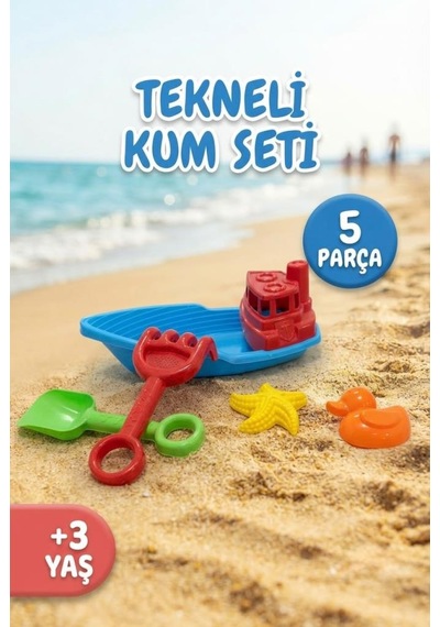 5 Parça Eğlenceli Havuz Ve Plaj Oyuncağı - Kürek Tırmık Ve Kum Kalıplı Tekneli Kum Seti Mavi