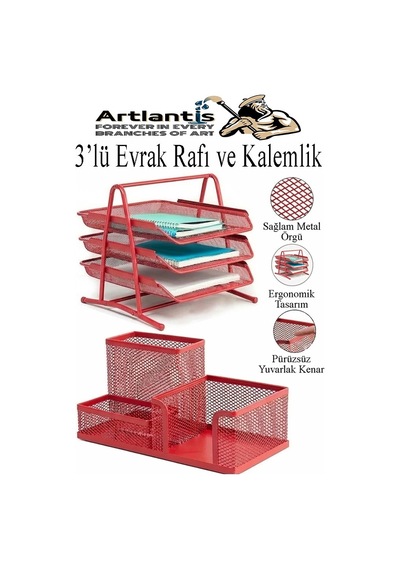 Kırmızı Metal Evrak Rafı 3 Lü Ve Masaüstü Kalemlik 1 Paket Masaüstü A4 Dosya 3 Katlı Düzenleyici Kağıt Tepsisi Metal Kırmızı