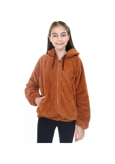 Toontoy Kız Çocuk Kapüşonlu Fermuarlı Cepli Reglan Kol Peluş Hırka Kiremit