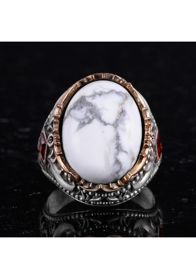 Gerçek Doğal Taş Yüzük - El Yapımı 925 Ayar Gümüş Yüzük - El Yapımı Yüzük Howlite Gümüş