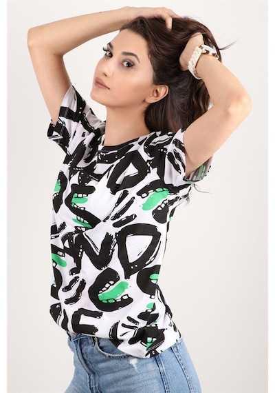 Kadın Baskılı Bisiklet Yaka Oversize T-shirt Beyaz Kadın Baskılı Bisiklet Yaka Oversize T-shirt Beyaz