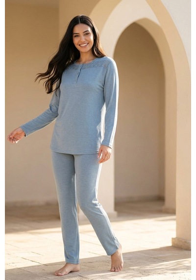 Aura Collections Kadın Dantelli Bambu Viskon Uzun Kollu Mevsimlik Soft Örme Pijama Takımı Turkuaz