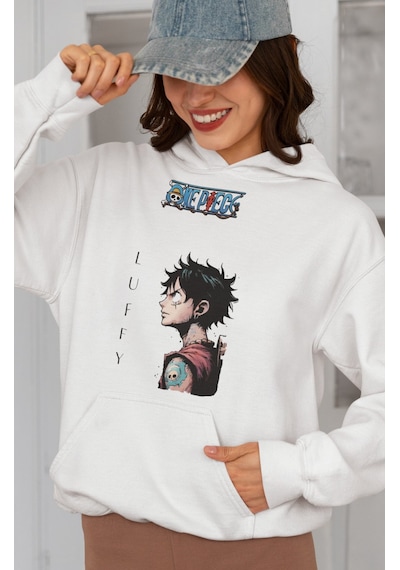 Sevbano Monkey D. Luffy One Piece Baskılı Unisex Oversize Anime Karakter beyaz