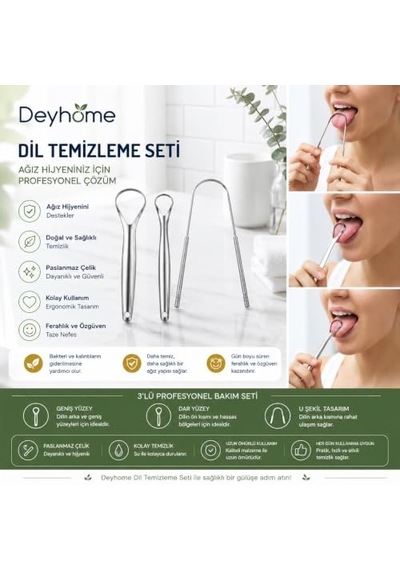 3'lü Profesyonel Dil Temizleme Seti Paslanmaz Çelik Dil Kazıyıcı Ağız Hijyen Aparatı / Geniş & Dar Yüzey, U Şekilli Kazıyıcı, Ergonomik Tasarım, Su İle Kolay Temizleme, Tekrar Kullanılabilir