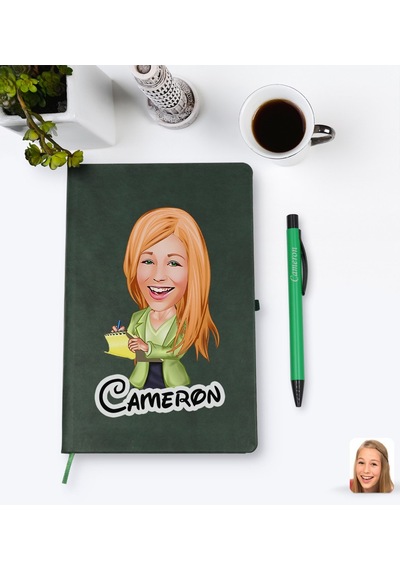 Kişiye Özel Kadın Asistan Karikatürlü Yeşil Termo Deri Defter Kal