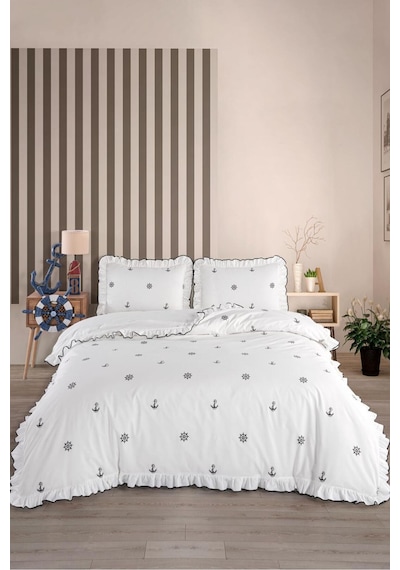 Uçkan Home %100 Pamuk Fırfırlı Çift Kişilik Nevresim Seti Ekru --UH-00059