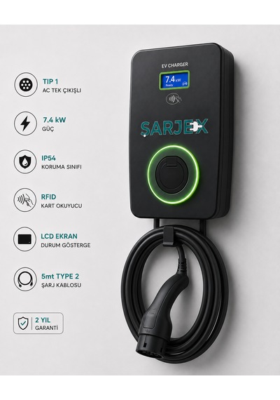 Şarjex 7,4 Kw Şarj İstasyonu 5m Kablolu, 32A, 7,4kW, Type 2