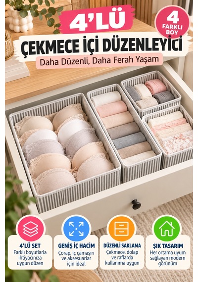 4'lü Çekmece İçi Organizer Seti Gri Çizgili Çorap İç Çamaşırı Dolap İçi Düzenleyici Saklama Kutusu