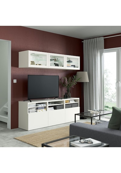 Tv Ünitesi, Beyaz-şeffaf Cam, 180x42x192 Cm, Lappvıken/sındvık, Fren Raylı Beyaz Tv Ünitesi, Beyaz-şeffaf Cam, 180x42x192 Cm, Lappvıken/sındvık, Fren Raylı Beyaz