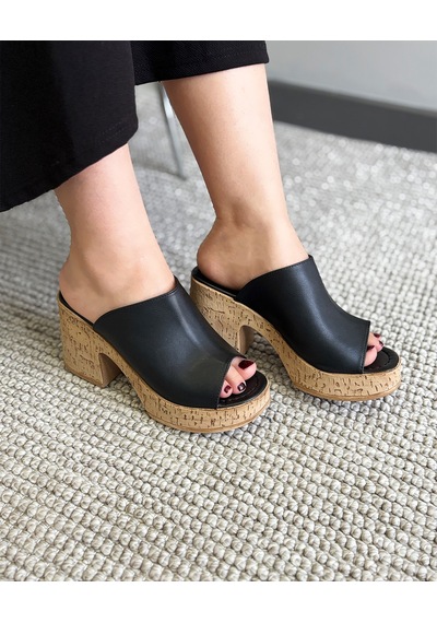 Asmi Shoes Kadın Siyah Cilt Deri Mantar Taban Ortopedik Platform Topuk Terlik