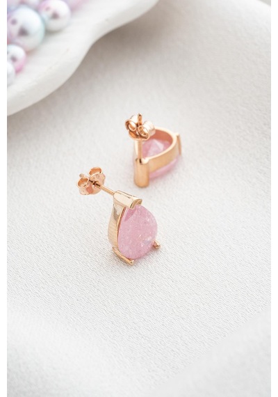 925 Ayar Gümüş Pembe Taşlı Damla Model Küpe Pembe Altın