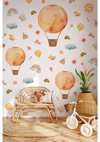 Eğlenceli Balonlar Ve Figürler Çocuk Bebek Odası Duvar Cam Sticker Seti, Balon Çiçekler Gökkuşakları Dijital Baskı