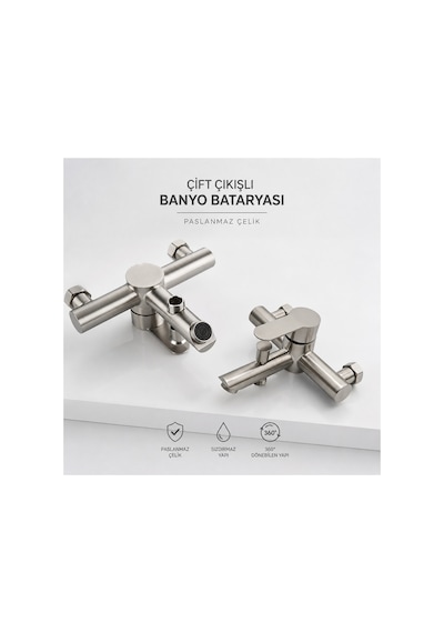 Banyo Bataryası İnox Paslanmaz Çelik Çift Çıkışlı Duş Hortumu Bağlantılı Musluk Metal