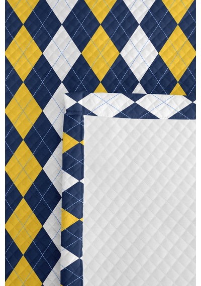 Lacivert Geometrik Genç Odası Tek Kişilik Pike Takımı - Sarı Beyaz 160x220 Cm Kapitone Yatak Örtüsü Lacivert