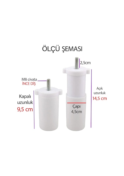 4 Adet Ayarlı Destek Ayağı 9,5x14,5 Cm Beyaz Gizli Ayak Mobilya Kanepe Baza Koltuk Dolap Tv Ünitesi