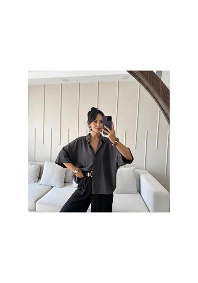 Feg Store Antrasit Yarasa Kol Duble Manşetli Modal Oversize Gömlek