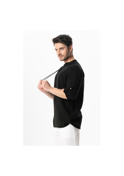 Uzun Kol Doruk V Yaka Bağcıklı Müslin Erkek Yazlık Tshirt Siyah Syh Siyah