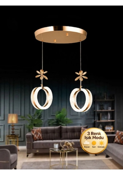 Aurea Model 2 Li Kristal Taşlı Gold 3 Renk Modu Ledli Salon Mutfak Oturma Odası Sarkıt Led Avize Metalik