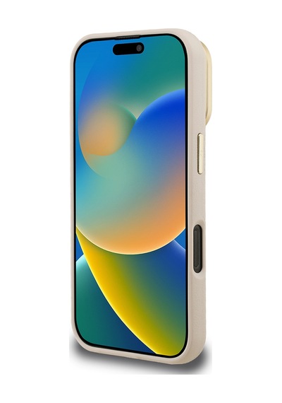 Apple iPhone 16 Pro Uyumlu Kılıf Guess Lisanslı Grained Yazı Logolu Kamera Standlı Kapak Bej