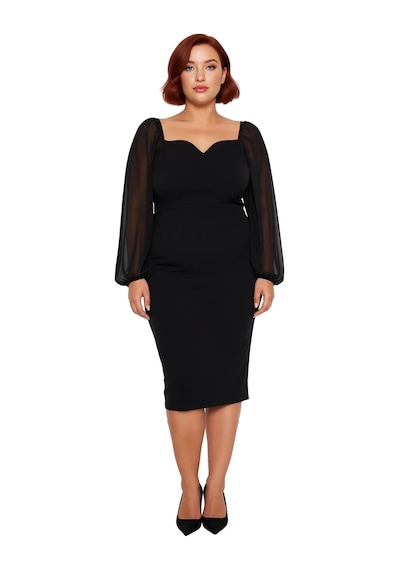 Ersefa Kadın Büyük Beden Bodycon Midi Uzun Kollu V Yaka Dokuma Elbise Şı Siyah