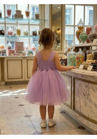 Butikhappykids Kız Çocuk Lila Volanlı Tüllü Çiçek Detaylı Abiye Elbise 1-5 Yaş Lila