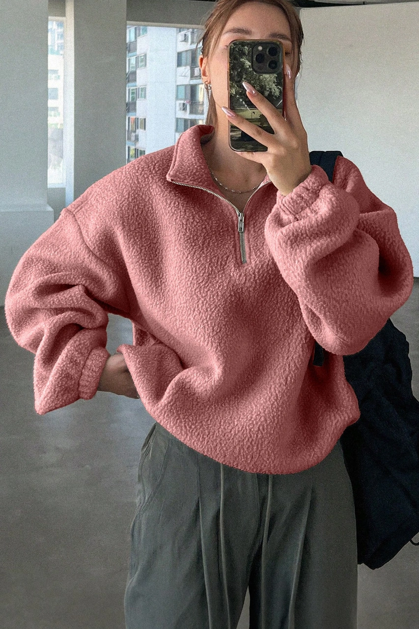 Ghassy Co. Kadın Ultra Isı Peluş Sherpa Oversize Yarım Metal Fermuar Lastik Ayarlı Polar Sweatshirt Pembe Ghassy Co. Kadın Ultra Isı Peluş Sherpa Oversize Yarım Metal Fermuar Lastik Ayarlı Polar Sweatshirt Pembe