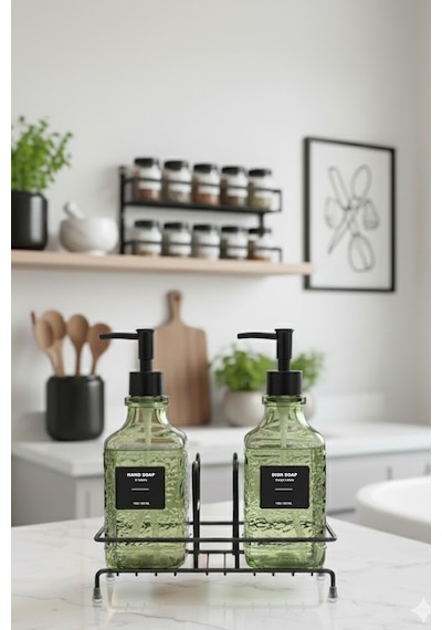 Makri Home Modern Kabartma Desenli Cam İkili Sıvı Sabunluk & Deterjanlık Seti, Yeşil - 500 Ml Cam Sabunluk Yeşil