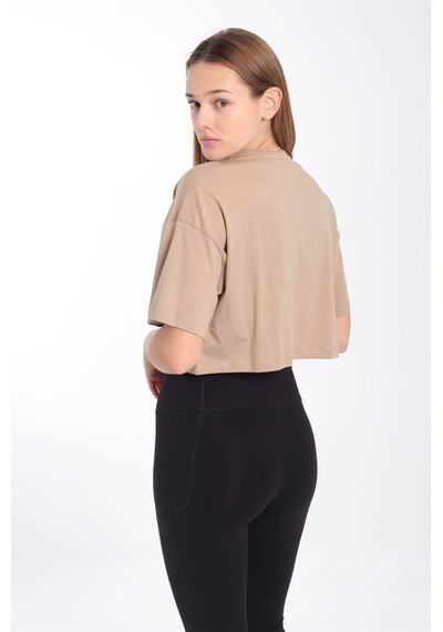 Maraton Sportswear Comfort Kadın Bisiklet Yaka Kısa Kol Basic Açık Vizon Crop Top 20880 Açık Vizon