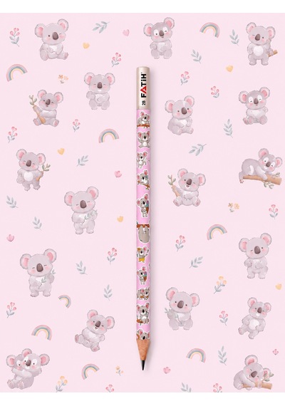 Koala Desenli Kurşun Kalem 2b Fatih 6 Adet Yuvarlak Gövde Kaliteli Çok Renkli