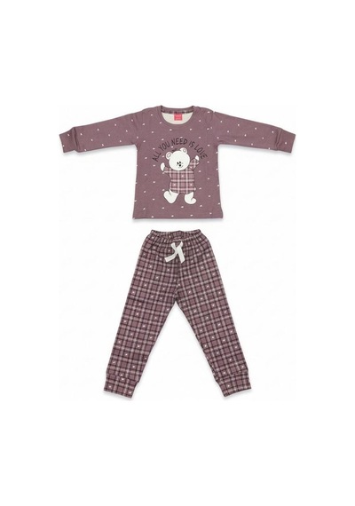 Kız Çocuk Pamuklu Ekose Desenli Ayıcıklı Pijama Takımı-16826 Mor