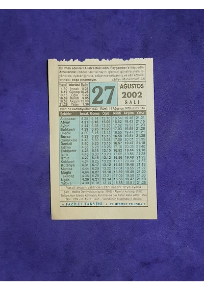 27 Ağustos 2002 Takvim Yaprağı - Nostalji Koleksiyonluk Takvim Yaprağı