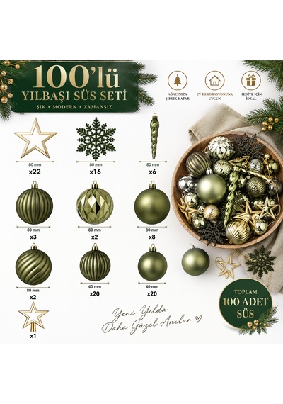 100 Parça Yılbaşı Ağaç Süsleme Seti Yeşil Gold Dekoratif Top, Yıldız, Kar Tanesi Ve Sarkıt Süsler 3 CM