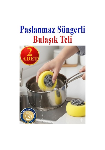 Süngerli Bulaşık Teli Ovma Teli 2 Adet Pratik Sünger Toptel Sürtme Teli Lavabo Mutfak Banyo Temizlik Teli Sert Yüzey