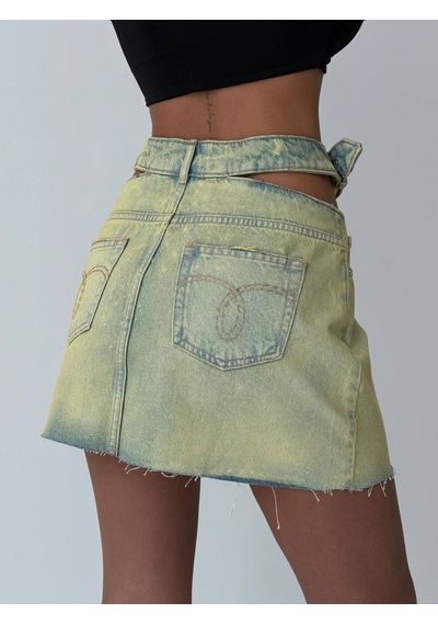 Herton Kadın Cut-out Detaylı Kemerli Jean Mini Etek - Tasarım Denim Etek ÇoK Renkli